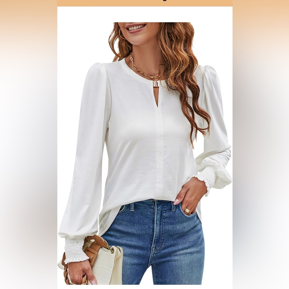Women's White Keyhole Long Sleeve Top